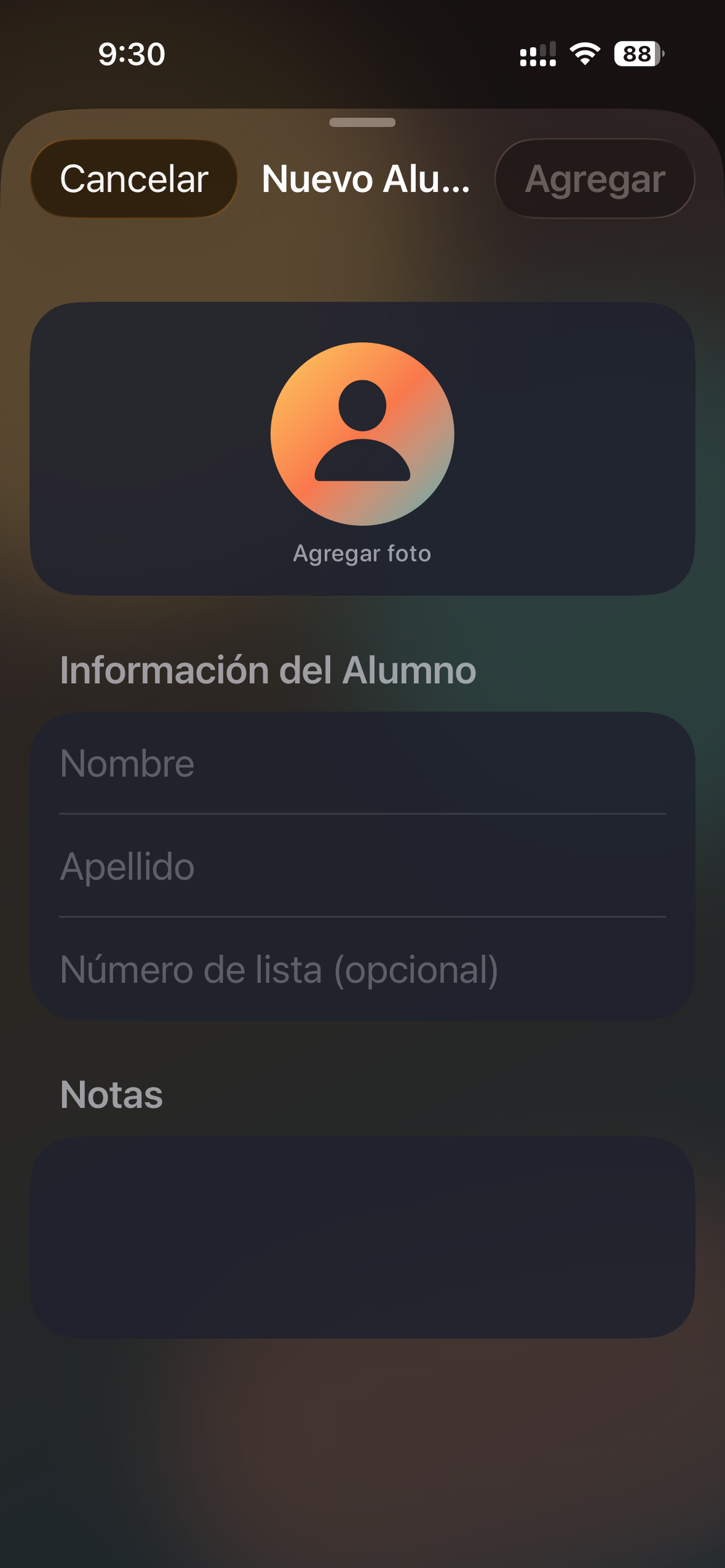 Pantalla de nuevo alumno